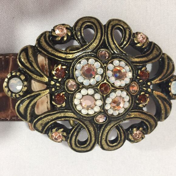 Vintage Cache Leather Belt Alligator Tan Brown 3.75" Buckle Antique Gold USA - Picture 1 of 9